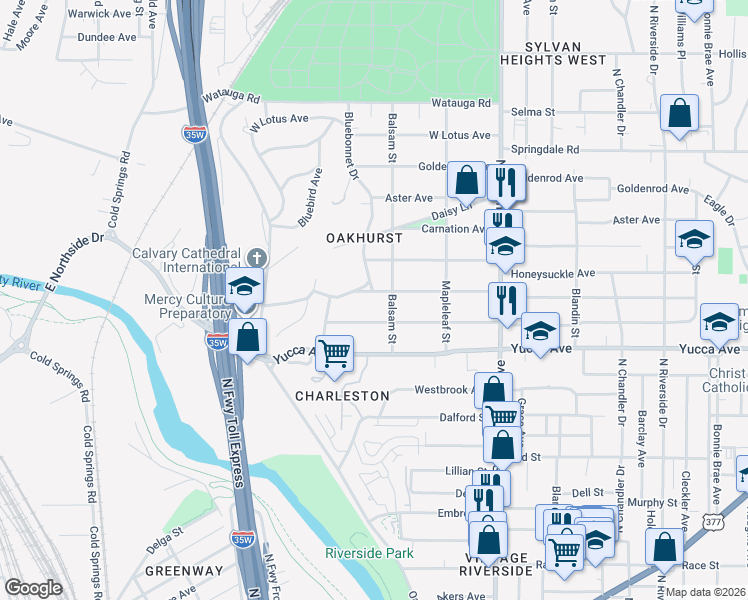 map of restaurants, bars, coffee shops, grocery stores, and more near 2212 Marigold Avenue in Fort Worth