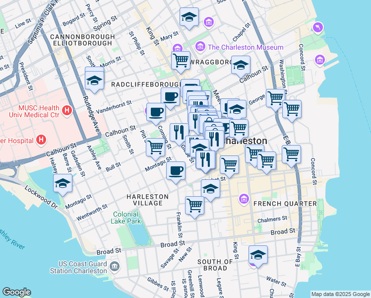 map of restaurants, bars, coffee shops, grocery stores, and more near 20 Glebe Street in Charleston
