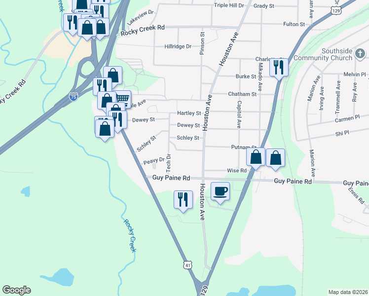 map of restaurants, bars, coffee shops, grocery stores, and more near 1250 Auburn Drive in Macon