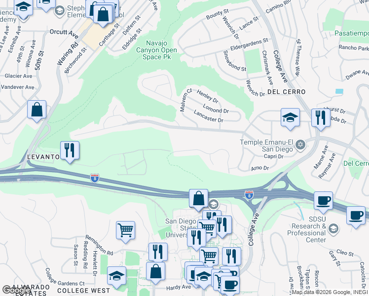 map of restaurants, bars, coffee shops, grocery stores, and more near 5834 Adobe Falls Road in San Diego