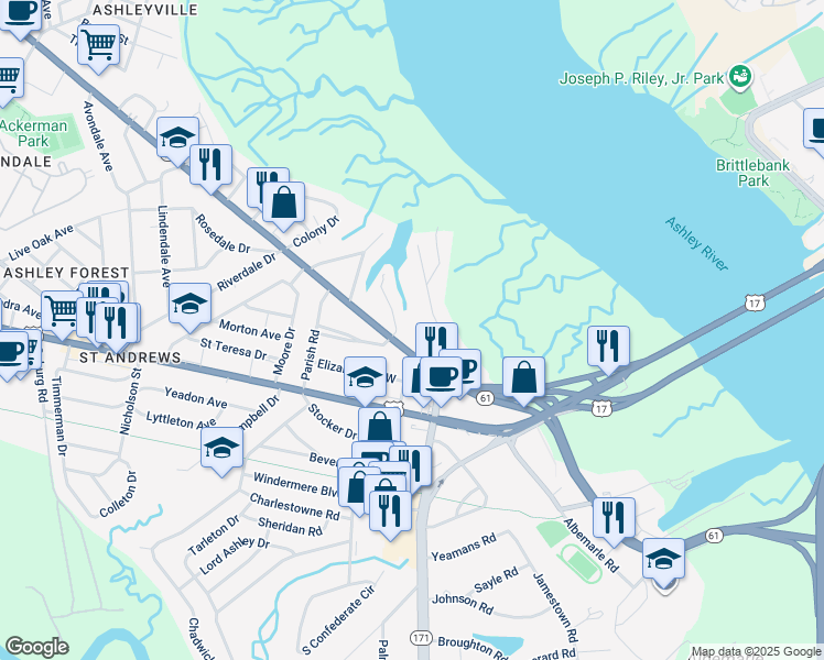 map of restaurants, bars, coffee shops, grocery stores, and more near 704 North Godfrey Park Place in Charleston
