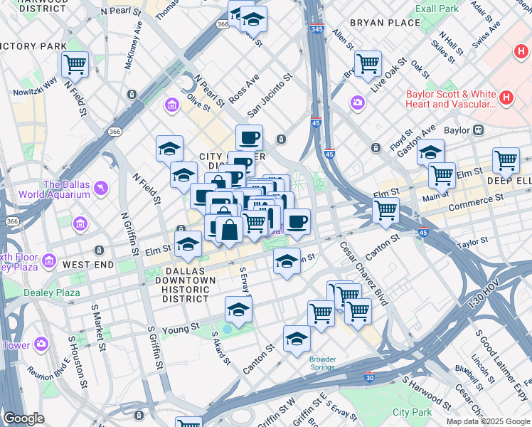 map of restaurants, bars, coffee shops, grocery stores, and more near 1916 Elm Street in Dallas