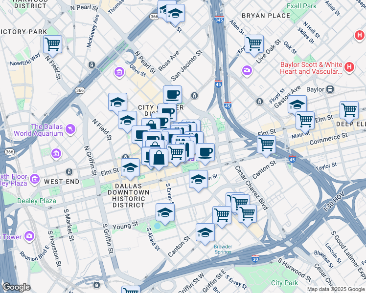 map of restaurants, bars, coffee shops, grocery stores, and more near 1916 Elm Street in Dallas