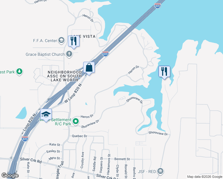map of restaurants, bars, coffee shops, grocery stores, and more near 8120 Heron Dr in Fort Worth