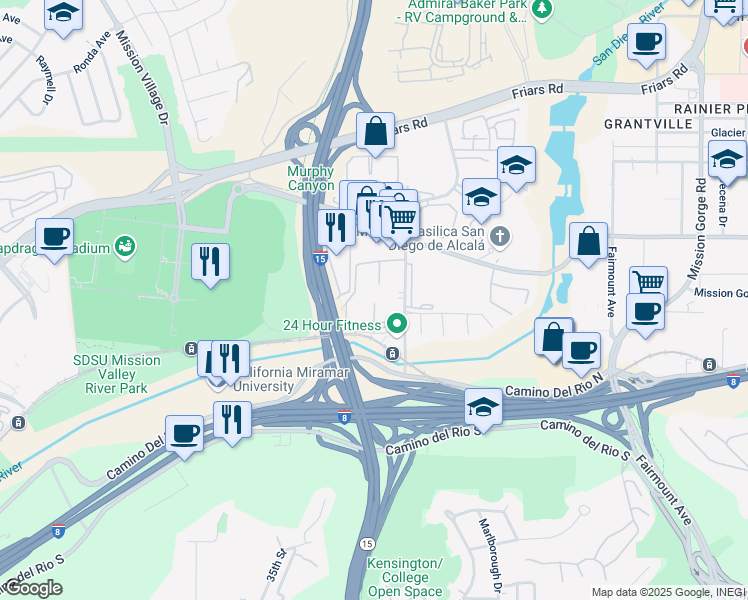 map of restaurants, bars, coffee shops, grocery stores, and more near 5954 Rancho Mission Road in San Diego