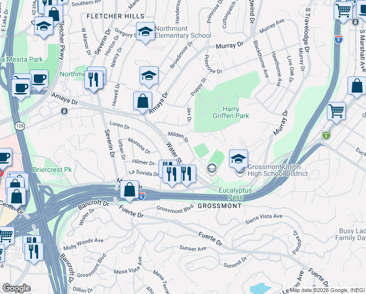 map of restaurants, bars, coffee shops, grocery stores, and more near 5711 Water Street in La Mesa