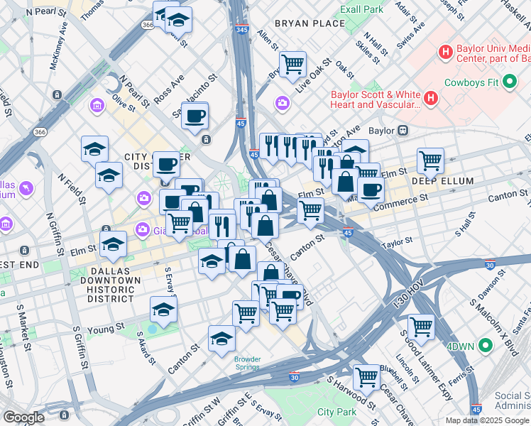 map of restaurants, bars, coffee shops, grocery stores, and more near 2208b Main Street in Dallas