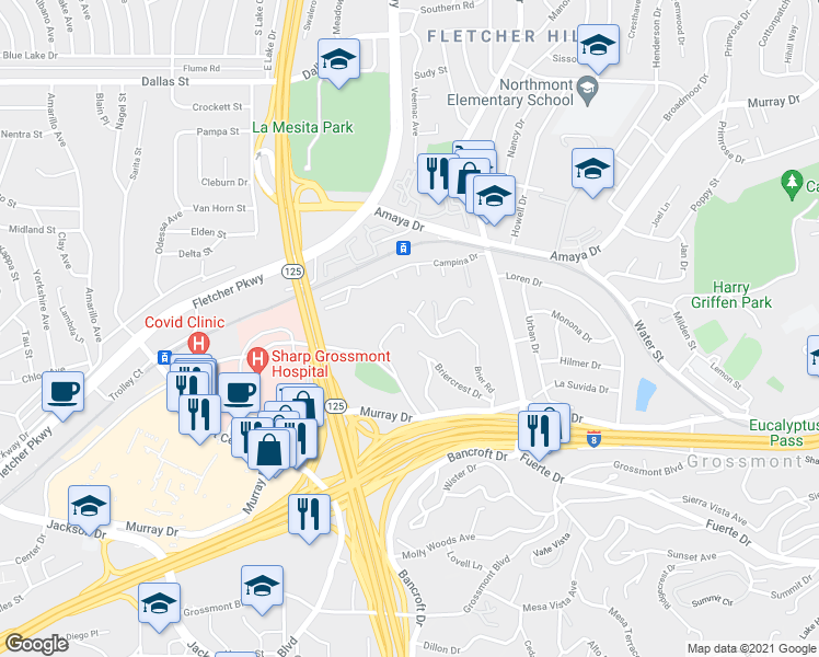 map of restaurants, bars, coffee shops, grocery stores, and more near 9200 Briercrest Drive in La Mesa