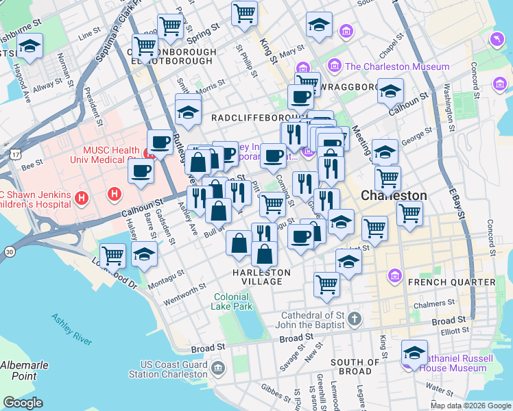 map of restaurants, bars, coffee shops, grocery stores, and more near 52 Bull Street in Charleston
