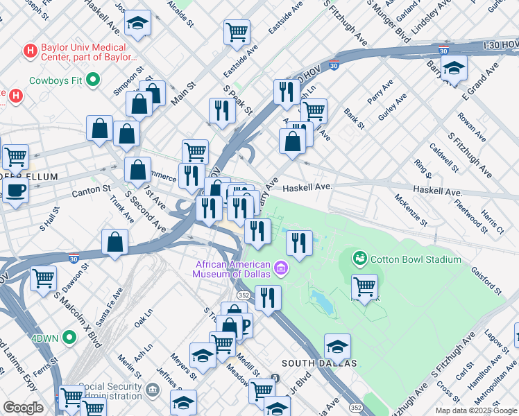 map of restaurants, bars, coffee shops, grocery stores, and more near Parry Avenue in Dallas