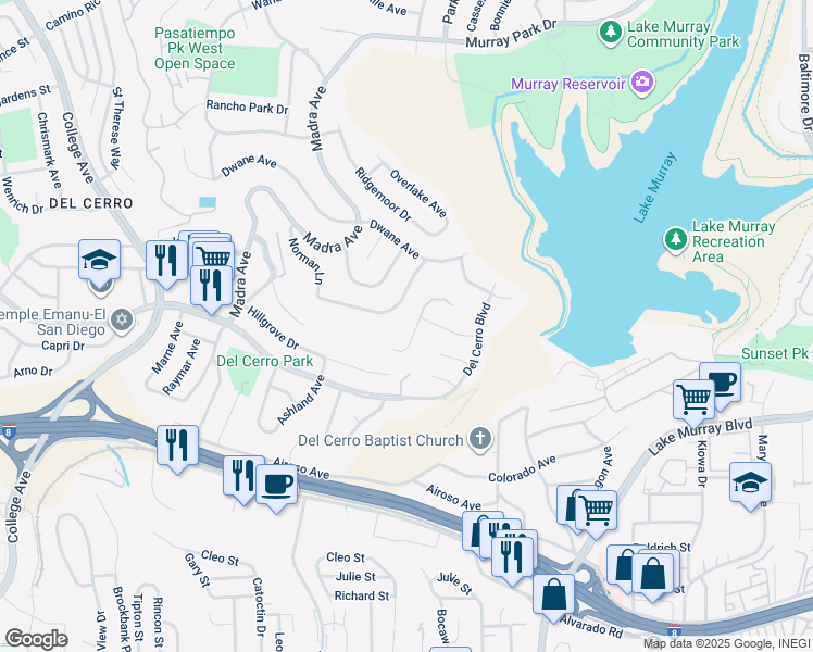 map of restaurants, bars, coffee shops, grocery stores, and more near 5838 Yokohama Court in San Diego