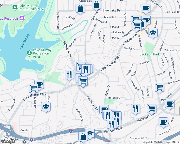 map of restaurants, bars, coffee shops, grocery stores, and more near 5661 Lake Park Way in La Mesa