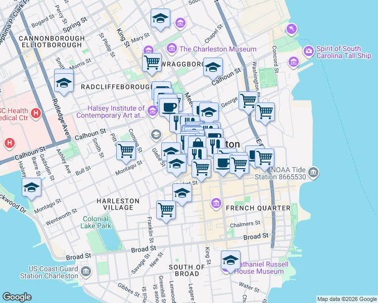 map of restaurants, bars, coffee shops, grocery stores, and more near in Charleston