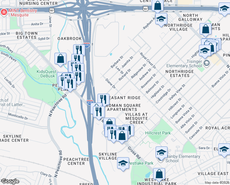 map of restaurants, bars, coffee shops, grocery stores, and more near 1129 Ridgeview Street in Mesquite