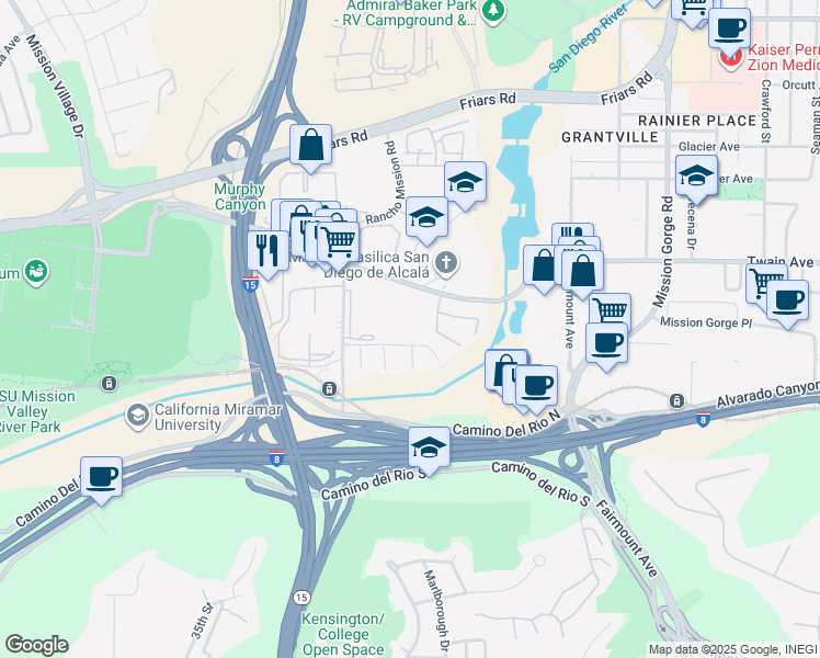 map of restaurants, bars, coffee shops, grocery stores, and more near 10737 San Diego Mission Road in San Diego