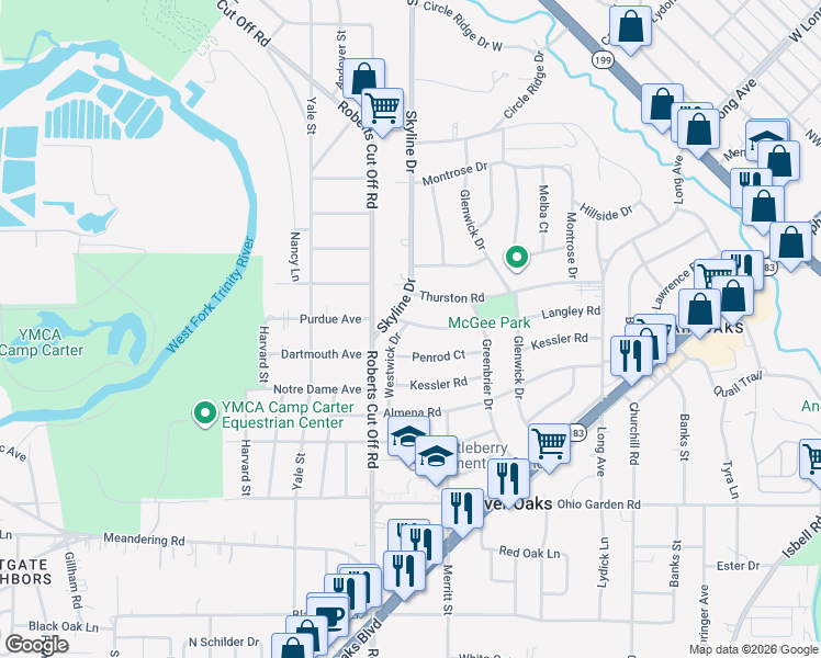 map of restaurants, bars, coffee shops, grocery stores, and more near 1466 Westwick Drive in River Oaks