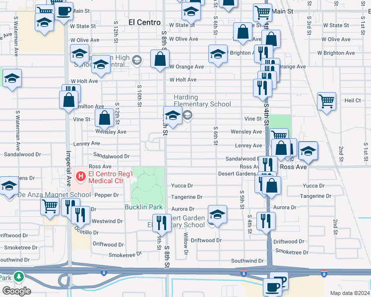 map of restaurants, bars, coffee shops, grocery stores, and more near 744 Sandalwood Drive in El Centro