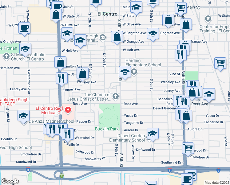 map of restaurants, bars, coffee shops, grocery stores, and more near 1118 South 8th Street in El Centro