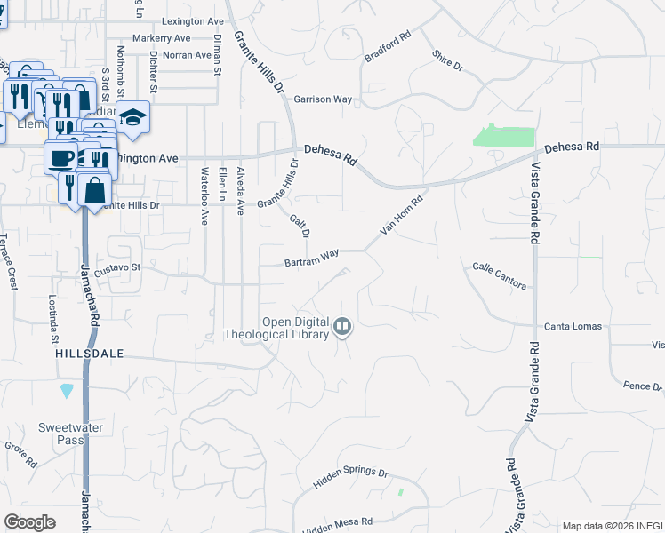 map of restaurants, bars, coffee shops, grocery stores, and more near 1633 Bartram Way in El Cajon