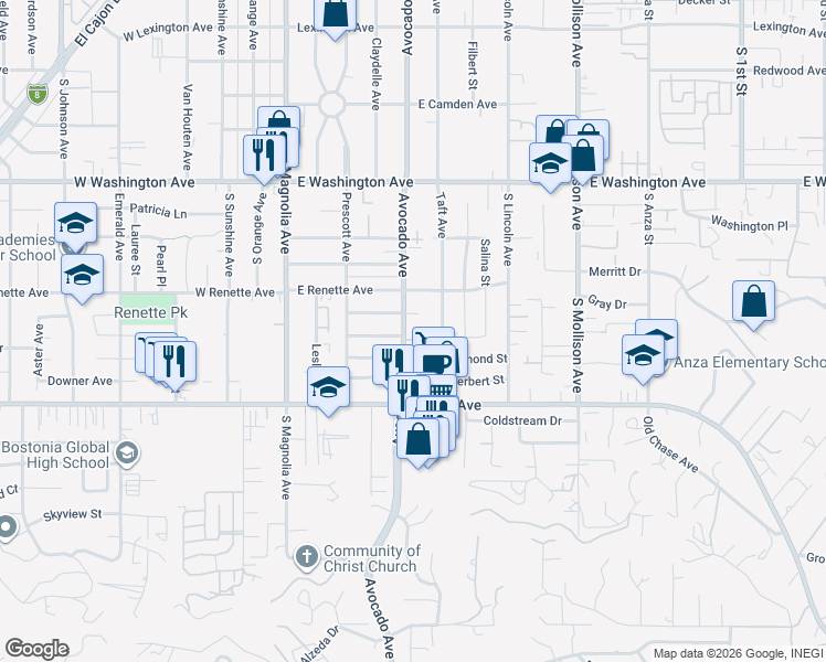 map of restaurants, bars, coffee shops, grocery stores, and more near 399 Carter Street in El Cajon