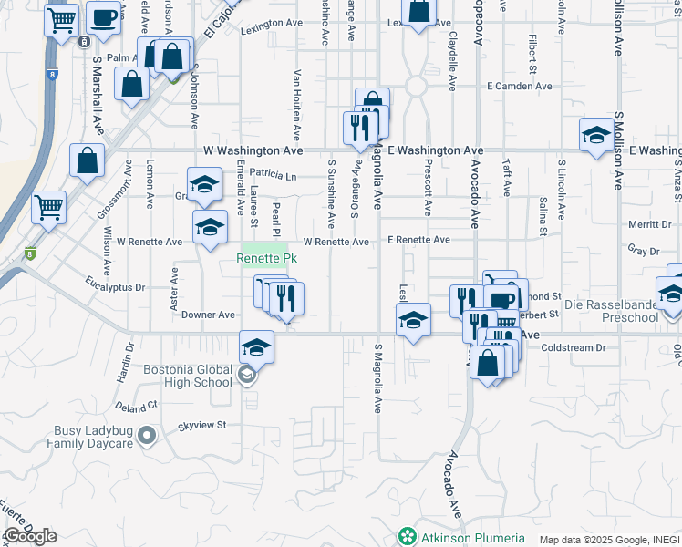 map of restaurants, bars, coffee shops, grocery stores, and more near 960 South Sunshine Avenue in El Cajon
