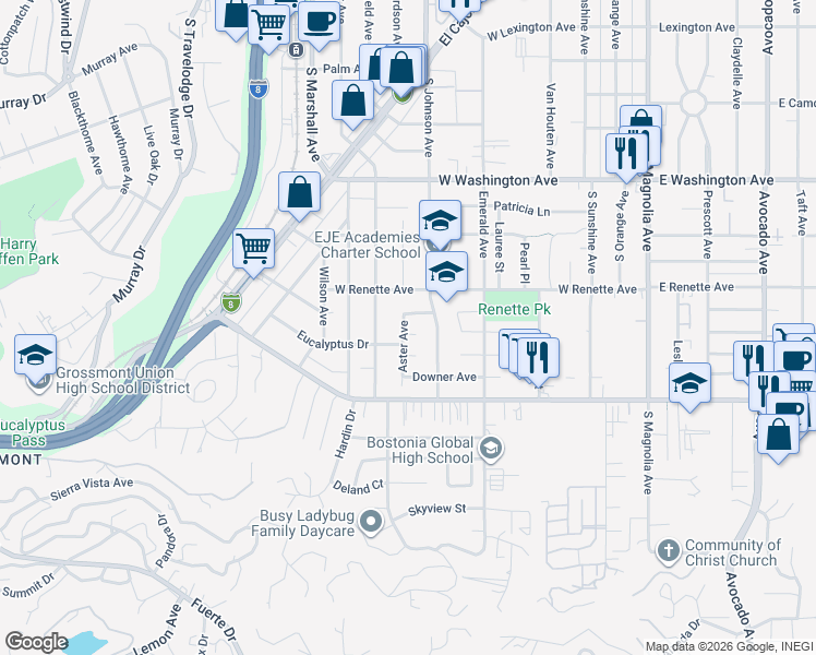 map of restaurants, bars, coffee shops, grocery stores, and more near 731 Chester Way in El Cajon