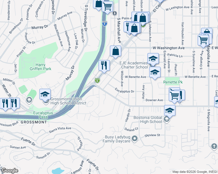 map of restaurants, bars, coffee shops, grocery stores, and more near 1186 West Chase Avenue in El Cajon