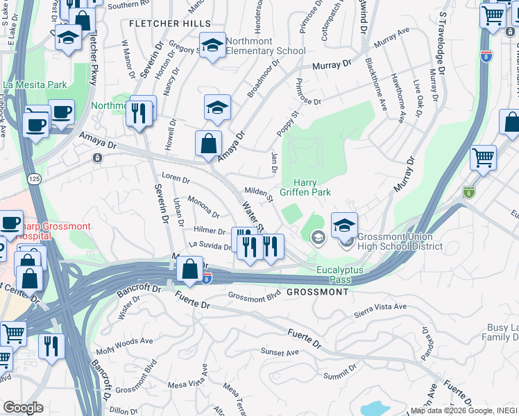 map of restaurants, bars, coffee shops, grocery stores, and more near 5651 Water Street in La Mesa