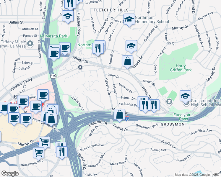 map of restaurants, bars, coffee shops, grocery stores, and more near 5730 Urban Drive in La Mesa