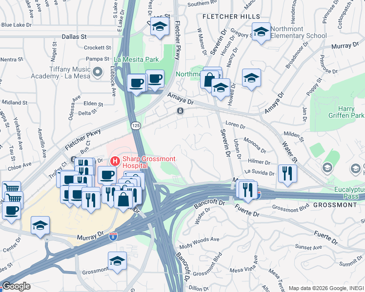 map of restaurants, bars, coffee shops, grocery stores, and more near 9200 Briercrest Drive in La Mesa