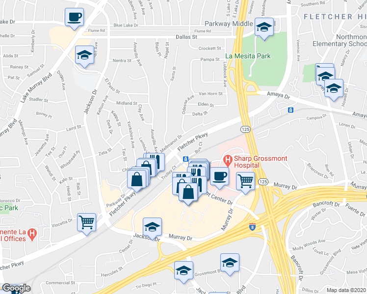 map of restaurants, bars, coffee shops, grocery stores, and more near 8717 Fletcher Parkway in La Mesa