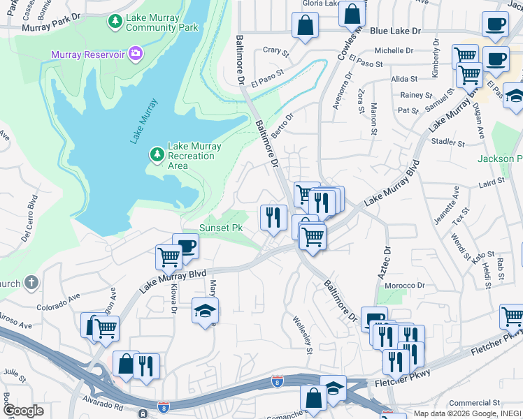 map of restaurants, bars, coffee shops, grocery stores, and more near 5576 Lake Park Way in La Mesa