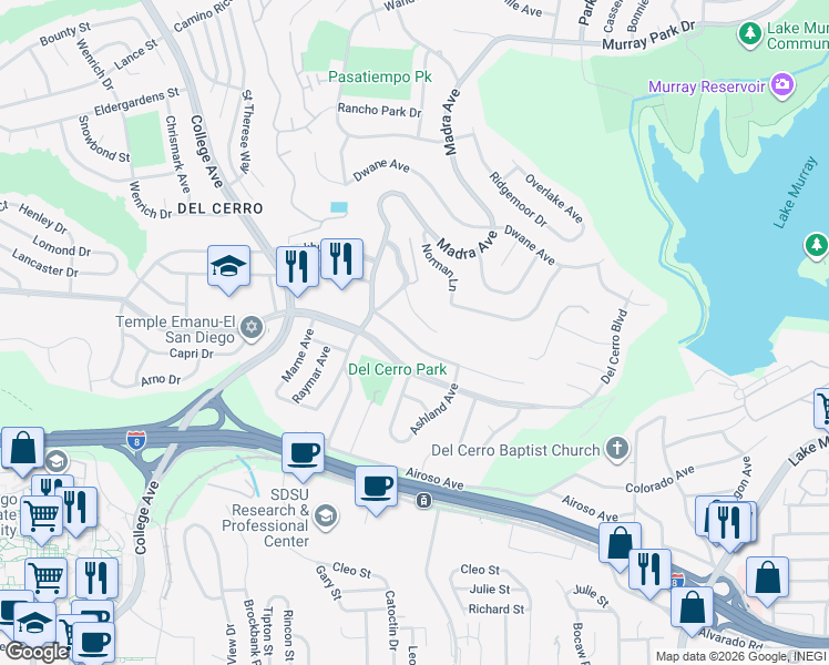 map of restaurants, bars, coffee shops, grocery stores, and more near 6482 Hillgrove Drive in San Diego