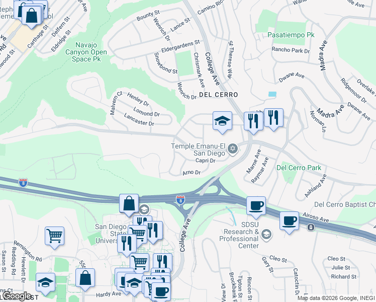 map of restaurants, bars, coffee shops, grocery stores, and more near 6126 Capri Drive in San Diego