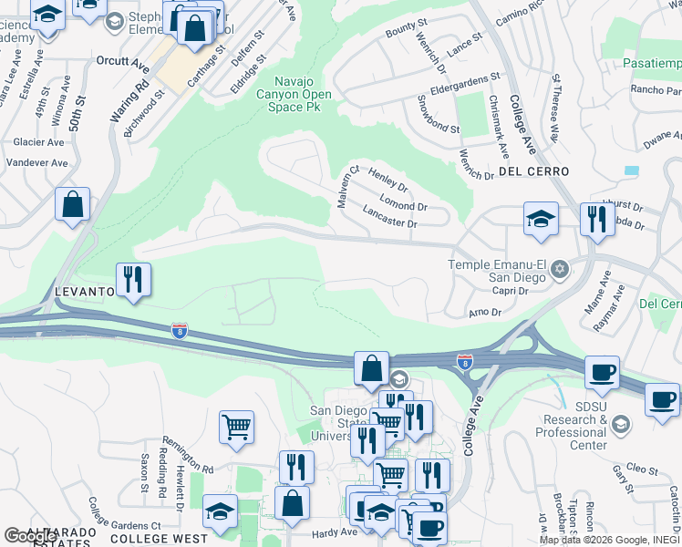 map of restaurants, bars, coffee shops, grocery stores, and more near 5834 Adobe Falls Road in San Diego