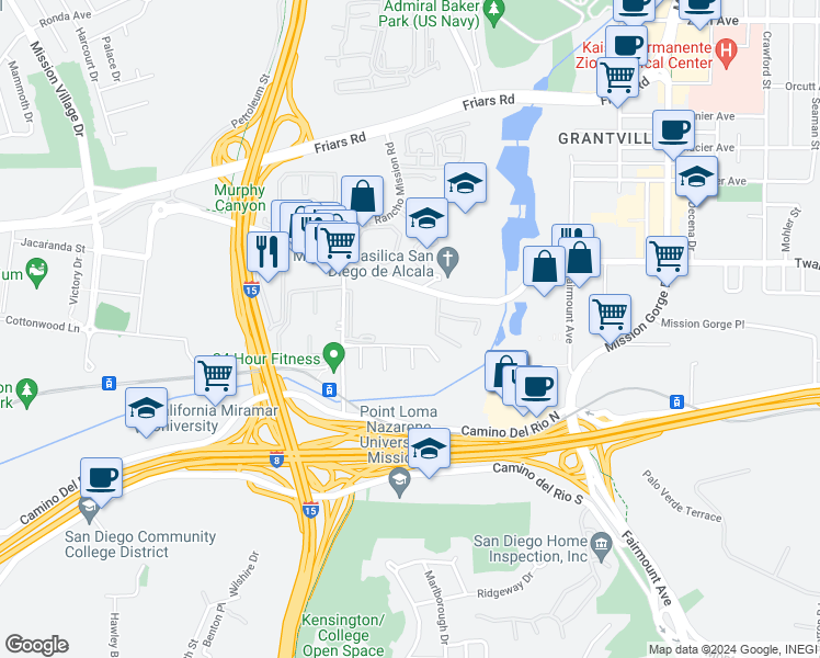 map of restaurants, bars, coffee shops, grocery stores, and more near 10580-10678 Caminito Cascara in San Diego