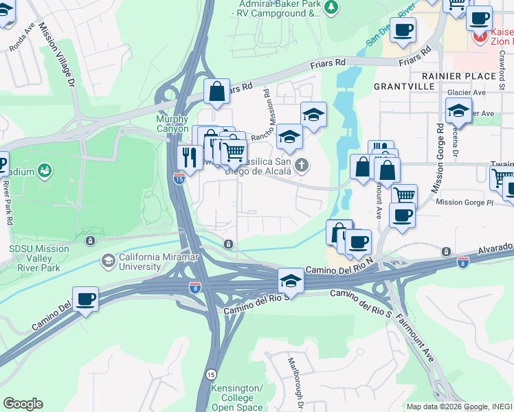 map of restaurants, bars, coffee shops, grocery stores, and more near 5999 Rancho Mission Road in San Diego