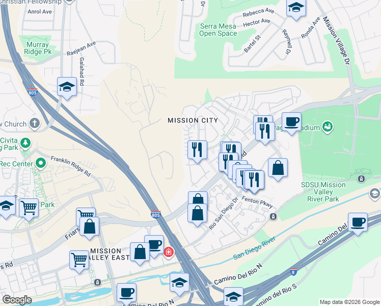 map of restaurants, bars, coffee shops, grocery stores, and more near 2538 Escala Circle in San Diego