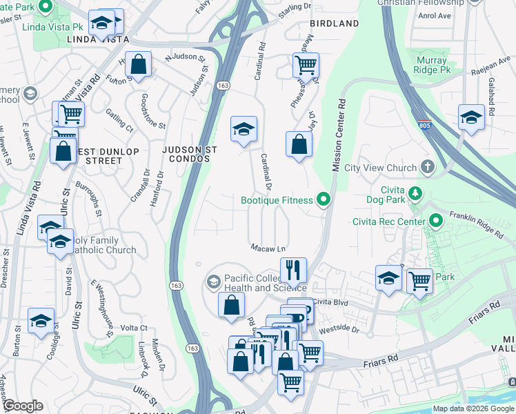 map of restaurants, bars, coffee shops, grocery stores, and more near 2106 Cardinal Drive in San Diego