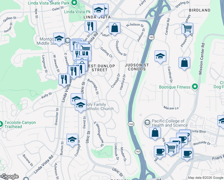 map of restaurants, bars, coffee shops, grocery stores, and more near 7459 Bookham Court in San Diego