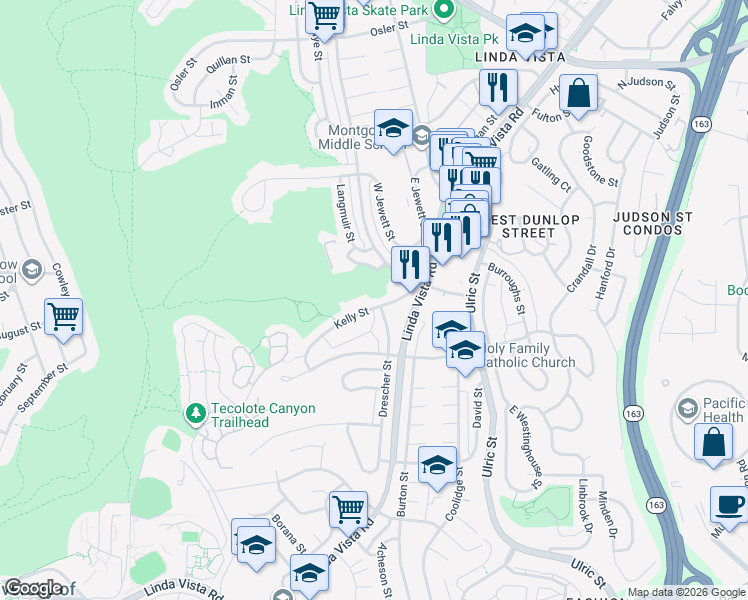 map of restaurants, bars, coffee shops, grocery stores, and more near 6728 Kelly Street in San Diego