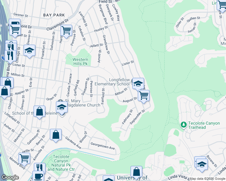 map of restaurants, bars, coffee shops, grocery stores, and more near 2205 Milton Court in San Diego