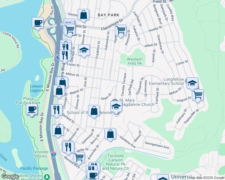 map of restaurants, bars, coffee shops, grocery stores, and more near 4737 Orten Street in San Diego