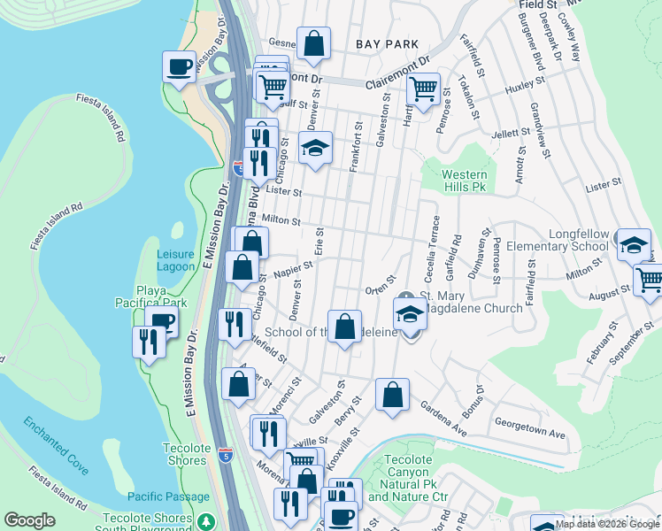 map of restaurants, bars, coffee shops, grocery stores, and more near 2024 Frankfort Street in San Diego