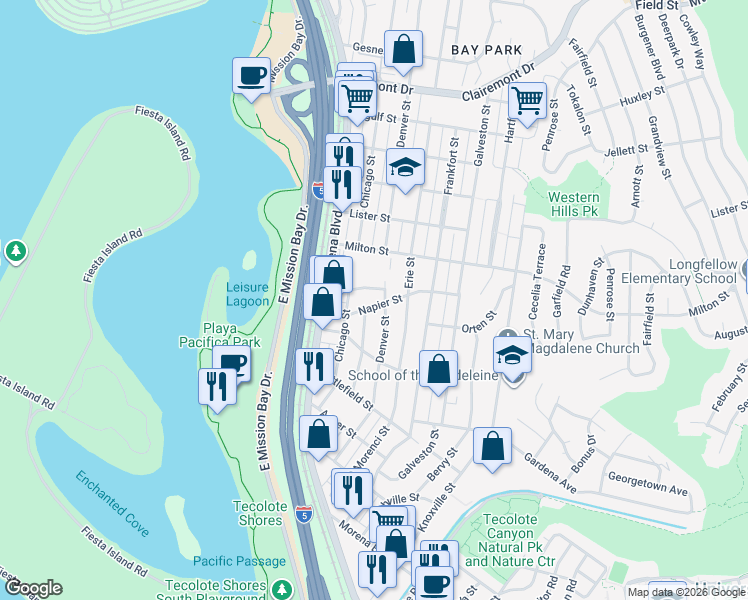 map of restaurants, bars, coffee shops, grocery stores, and more near 4228 Napier Street in San Diego