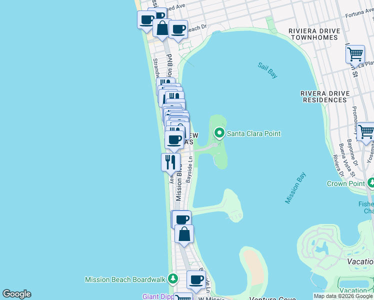 map of restaurants, bars, coffee shops, grocery stores, and more near 815 Santa Clara Place in San Diego