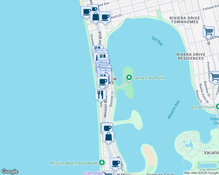 map of restaurants, bars, coffee shops, grocery stores, and more near 815 Santa Clara Place in San Diego