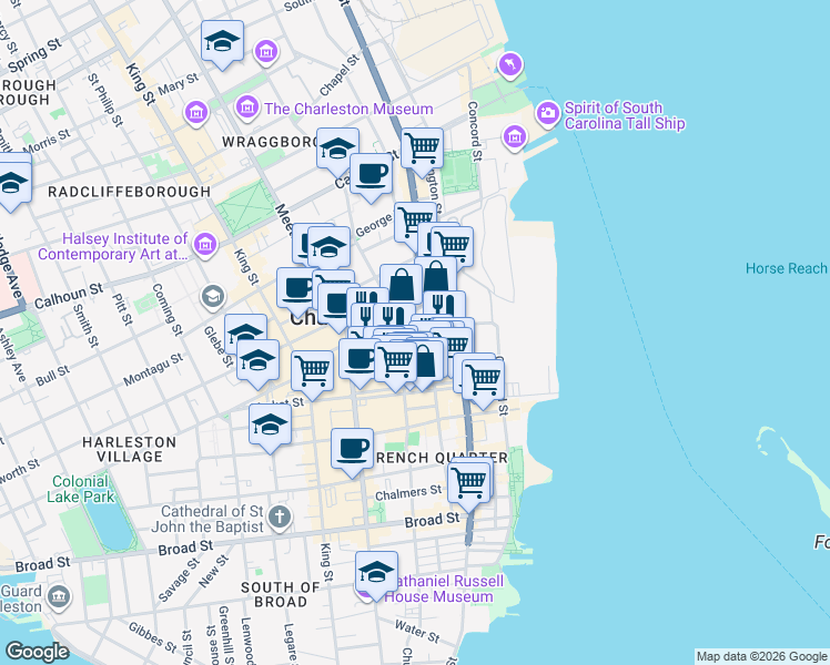 map of restaurants, bars, coffee shops, grocery stores, and more near 22 Anson Street in Charleston