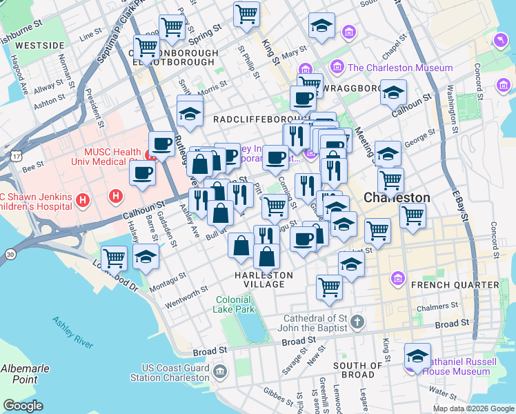 map of restaurants, bars, coffee shops, grocery stores, and more near 52 Bull Street in Charleston