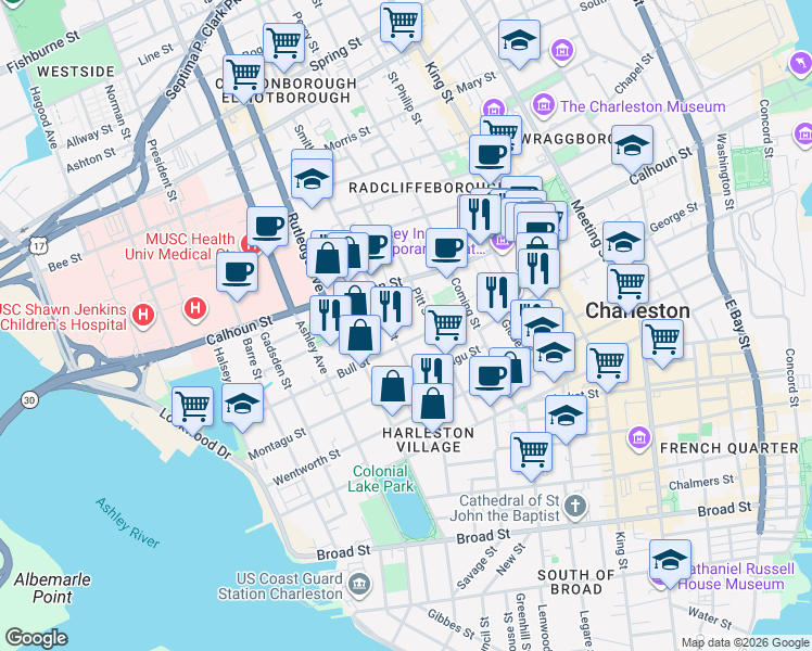 map of restaurants, bars, coffee shops, grocery stores, and more near 52 Bull Street in Charleston